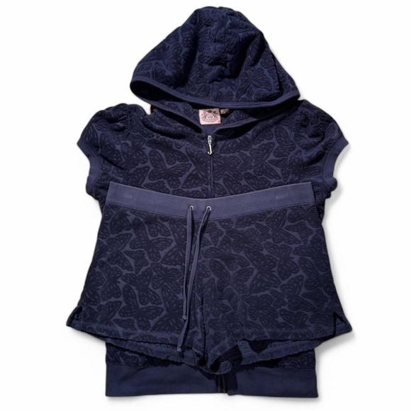 🦋JUICY COUTURE NAVY EMBOSSED BUTTERFLY TERRY CLOTH MATCHING SET HOODIE SHORTS - Picture 2 of 5
